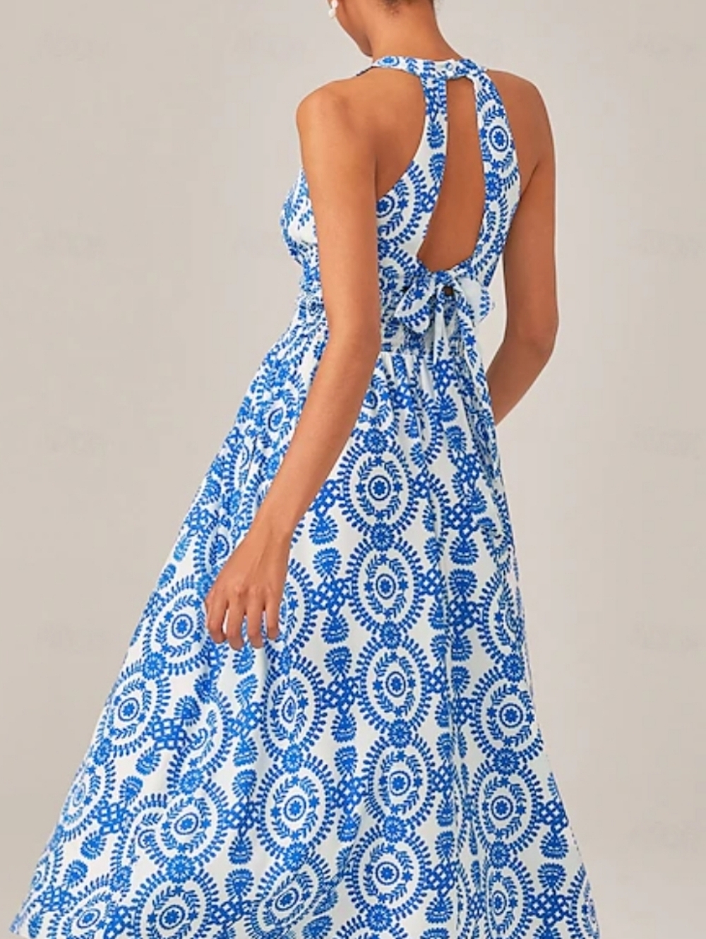Ador Halter Fitted Maxi Dress NWT Size Large Blue White Nautical Coastal Resort